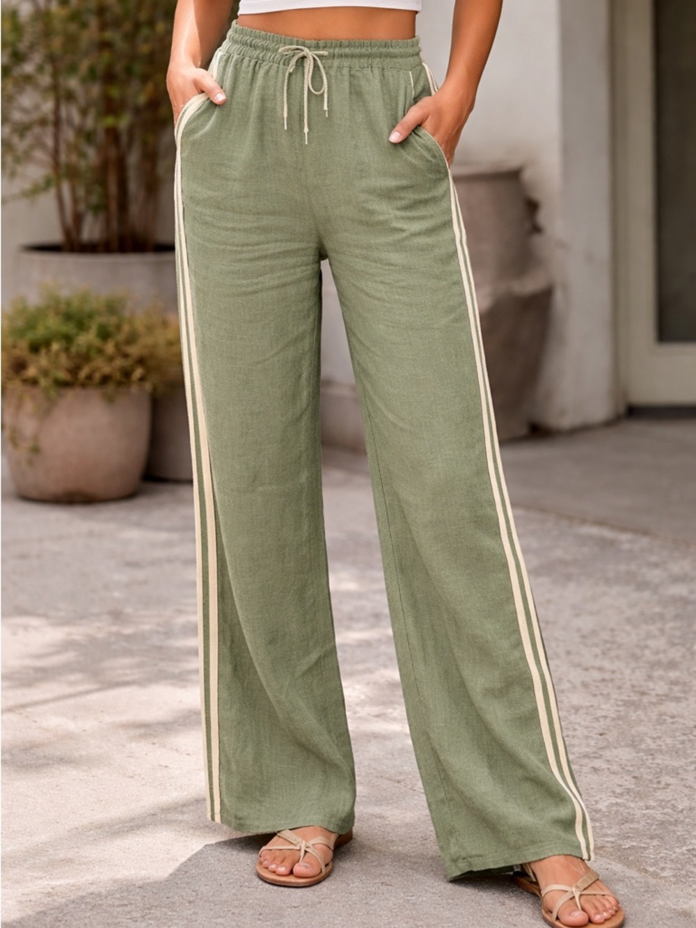 Sienna Sky Olive Green linen pants with Cream Side Stripes